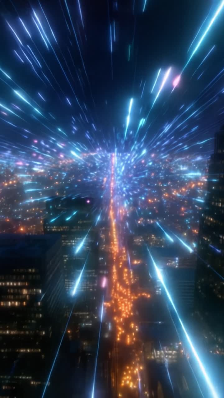 Luci Dinamiche della Città: Un Viaggio Esplosivo Attraverso il Paesaggio Notturno Urbano Arricchito da Strisce Colorate Radiose e Illuminazioni Brillanti che Si Estendono su un'Autostrada Luminosa