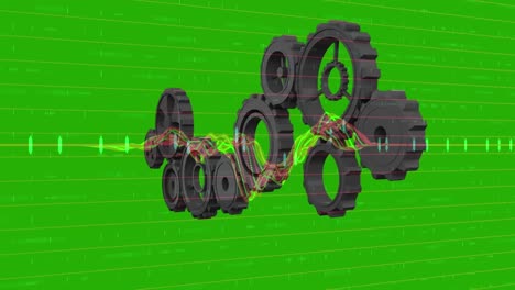 Animation-of-gears-rotating-over-diverse-data-on-green-background