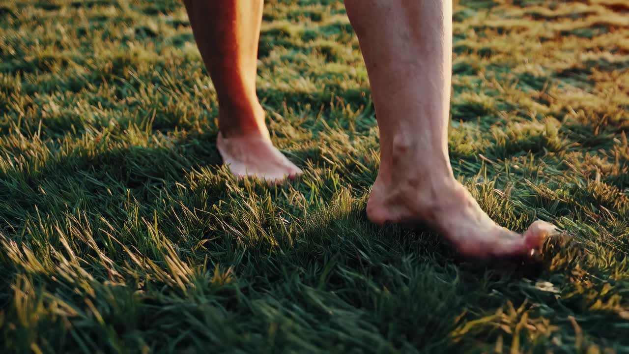 Close-up, low-angle video of bare feet walking on grass, capturing a serene, natural moment