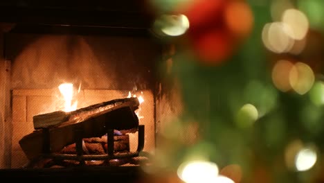 christmas tree lights by fire in fireplace, new year or xmas decoration of pine.