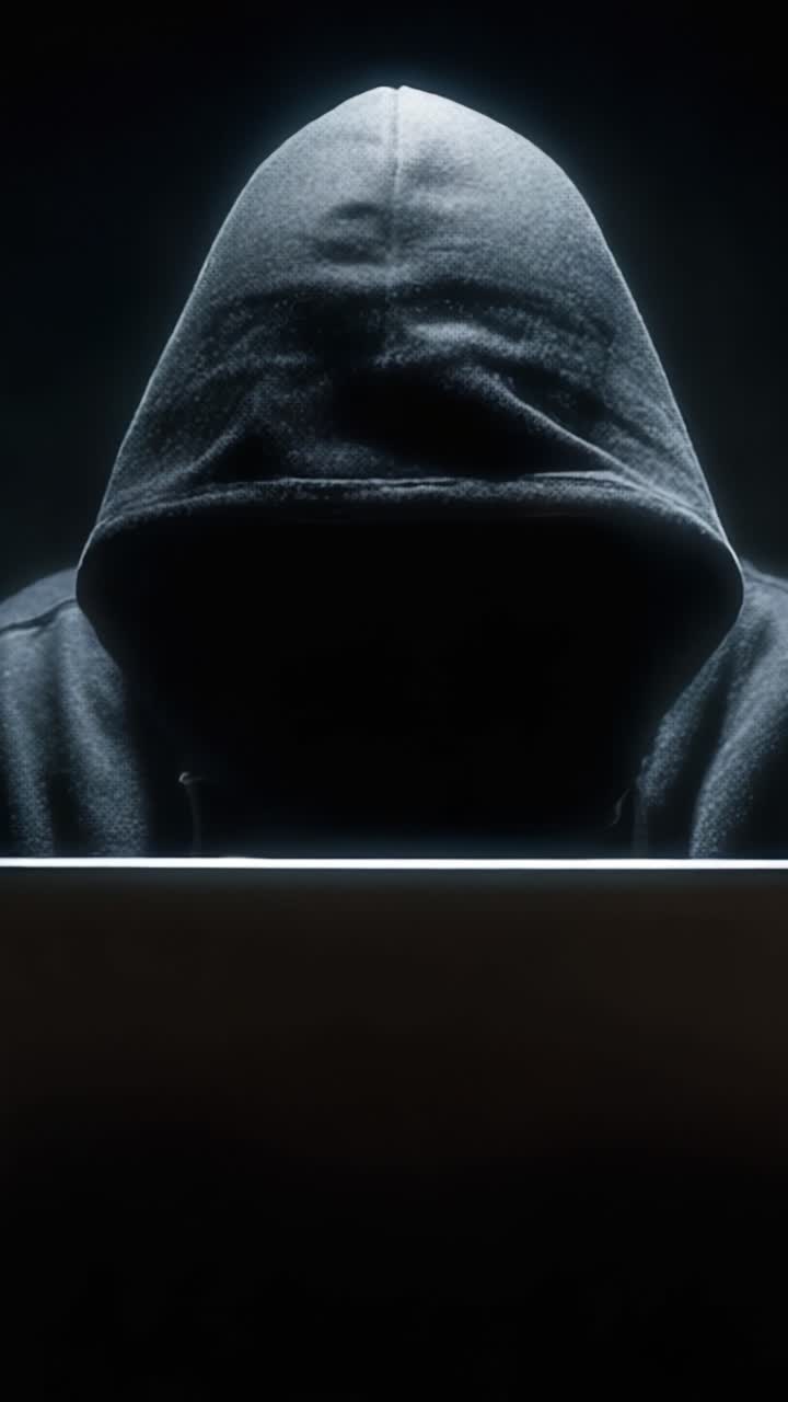 Sosok Bayangan Berhoodie Gelap Menatap Tajam Layar Laptop, Melambangkan Dunia Peretasan dan Aktivitas Siber yang Misterius dan Rahasia di Era Digital