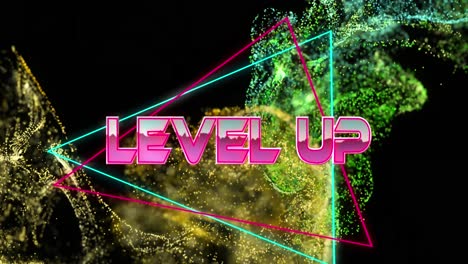 Animation-of-level-up-text-over-glowing-neon-lines-and-particles
