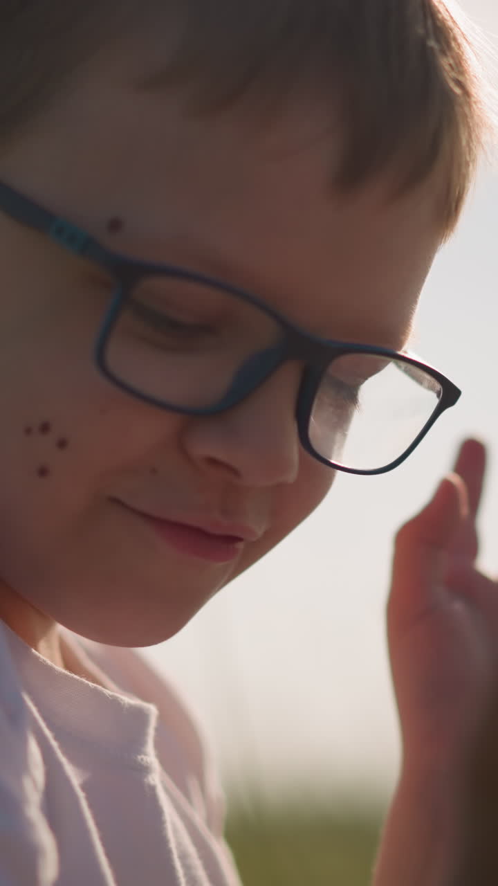 A young boy wearing glasses and a white shirt sits on the grass in a sunny field. He smiles softly as he plays with his hand, enjoying a peaceful and joyful moment in the warmth of the day