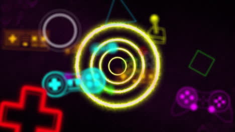 animación de círculos de neón, iconos de videojuegos y patrón de neón sobre fondo negro