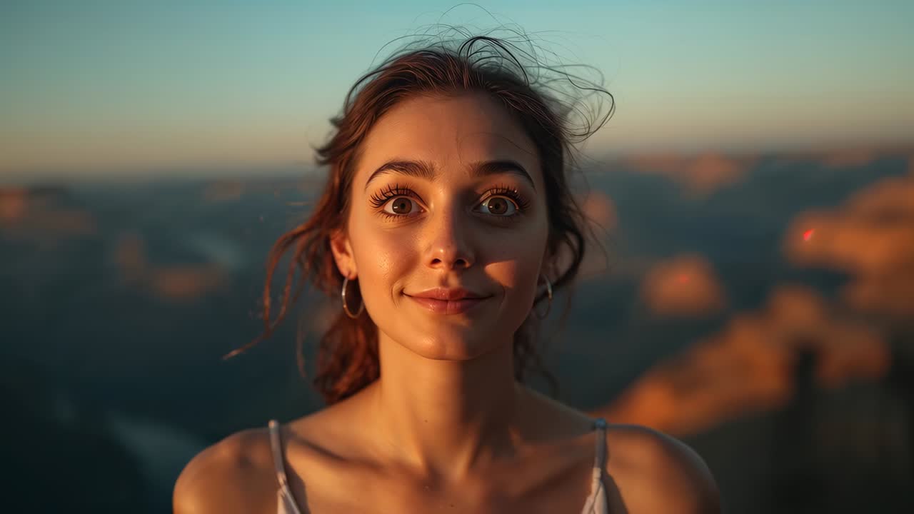 Smiling woman widening smile, leaning in on overlook as camera tightening, hoop earrings shining