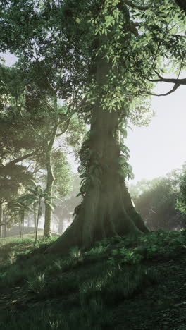 sunlight filters through lush trees in a serene forest landscape