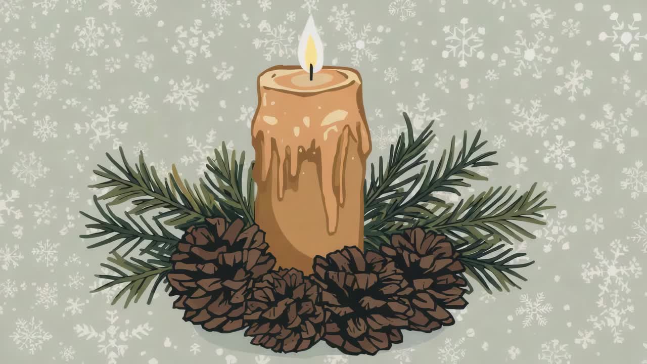 Flickering tan pillar candle being nudged by draft and casting warm tabletop glow, with pinecones
