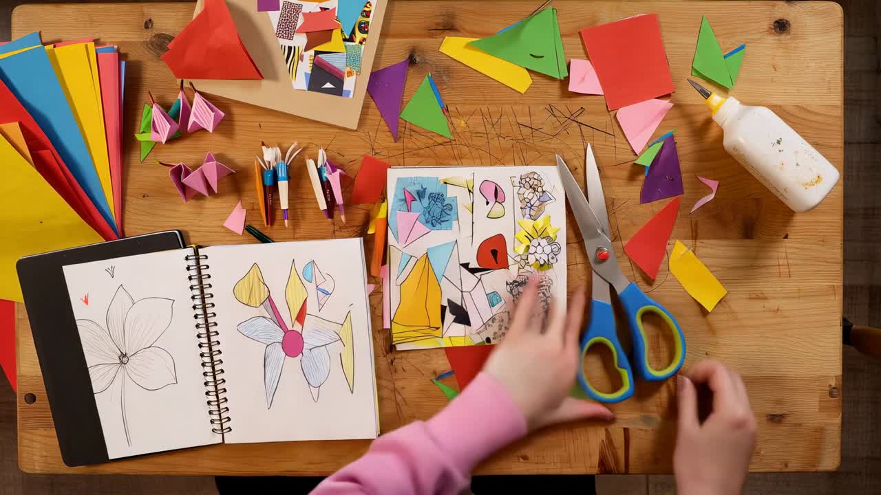 Picking yellow triangle pink top child cutting, folding, placing flowers at home with scissors