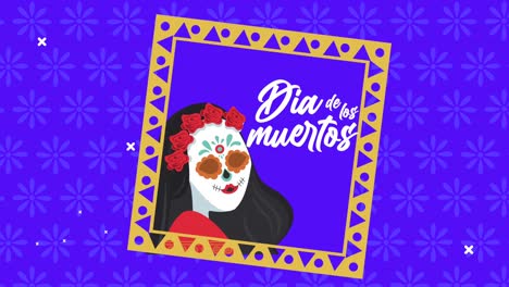 dia de los muertos lettering celebration with katrina skull in square frame