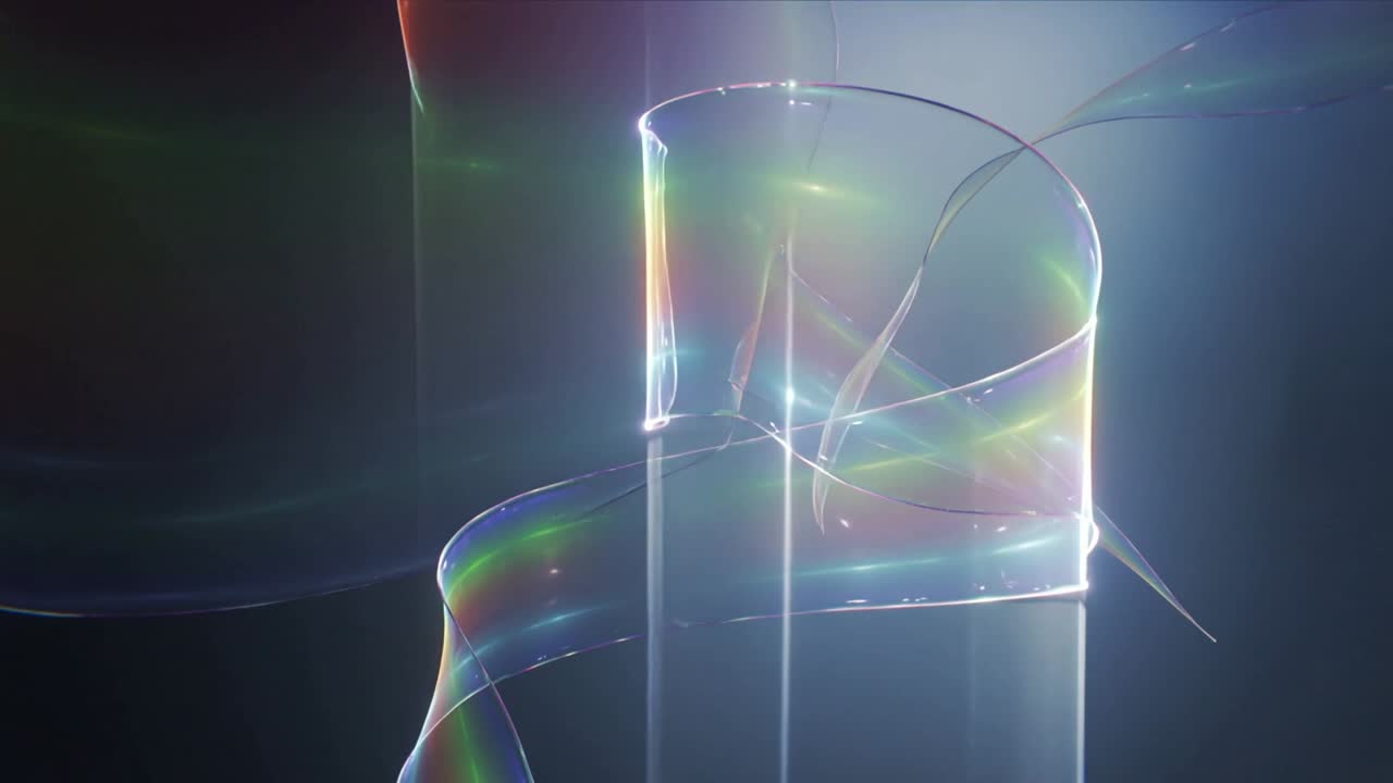 Appearing sheer rainbow ribbon drifting from left, following light shafts, showing filaments