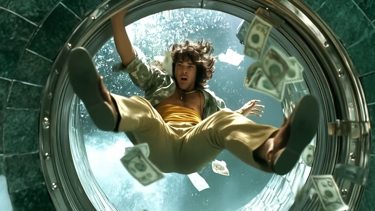 Man falling through a round window with money floating around