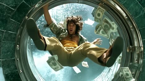man falling through a round window with money floating around