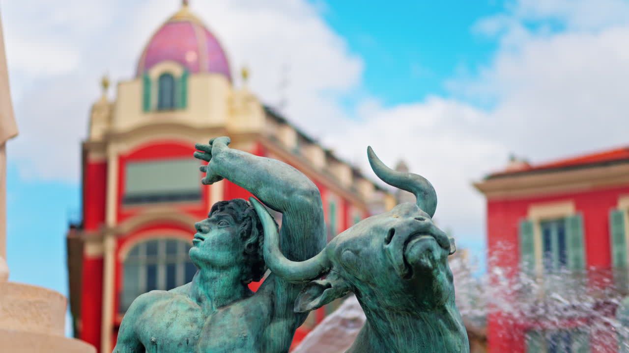 Nice, France - May 12, 2025: Close up of the Sun water fountain in the Massena Square in daylight