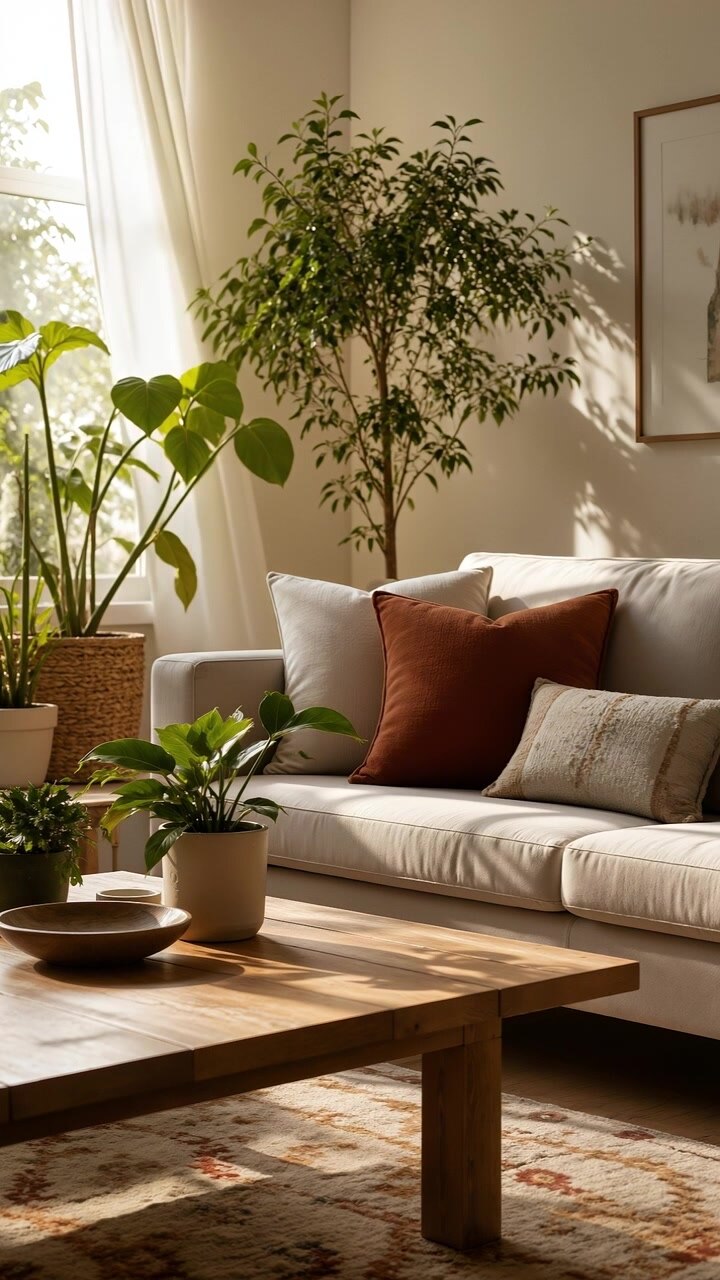 Interno di un soggiorno moderno, accogliente e luminoso, con piante d'appartamento verdi e un divano bianco.