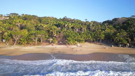 un dron vuela sobre las olas rompiendo en una playa aislada en méxico hacia un bosque de palmeras