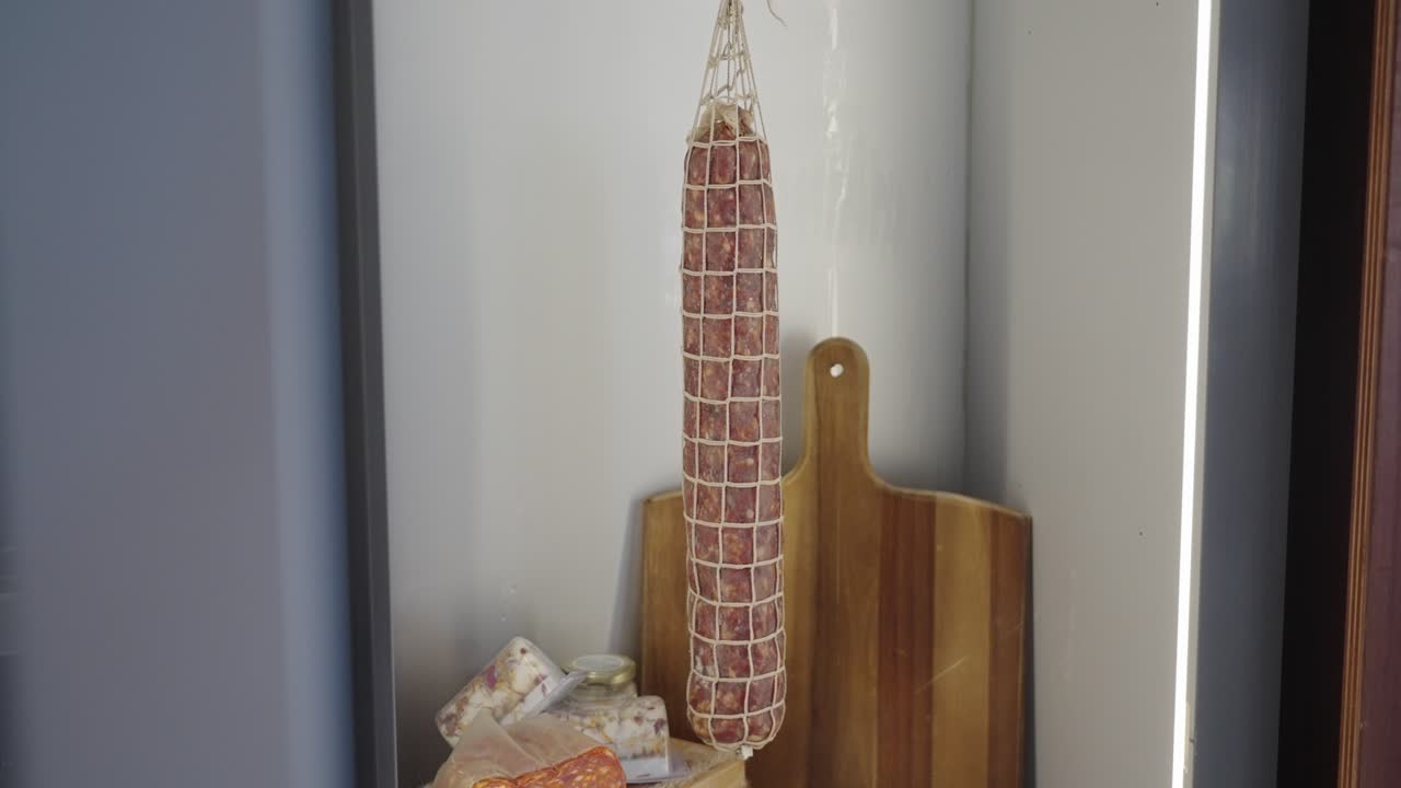 식료품 저장실에 걸려있는 살라미 소시지