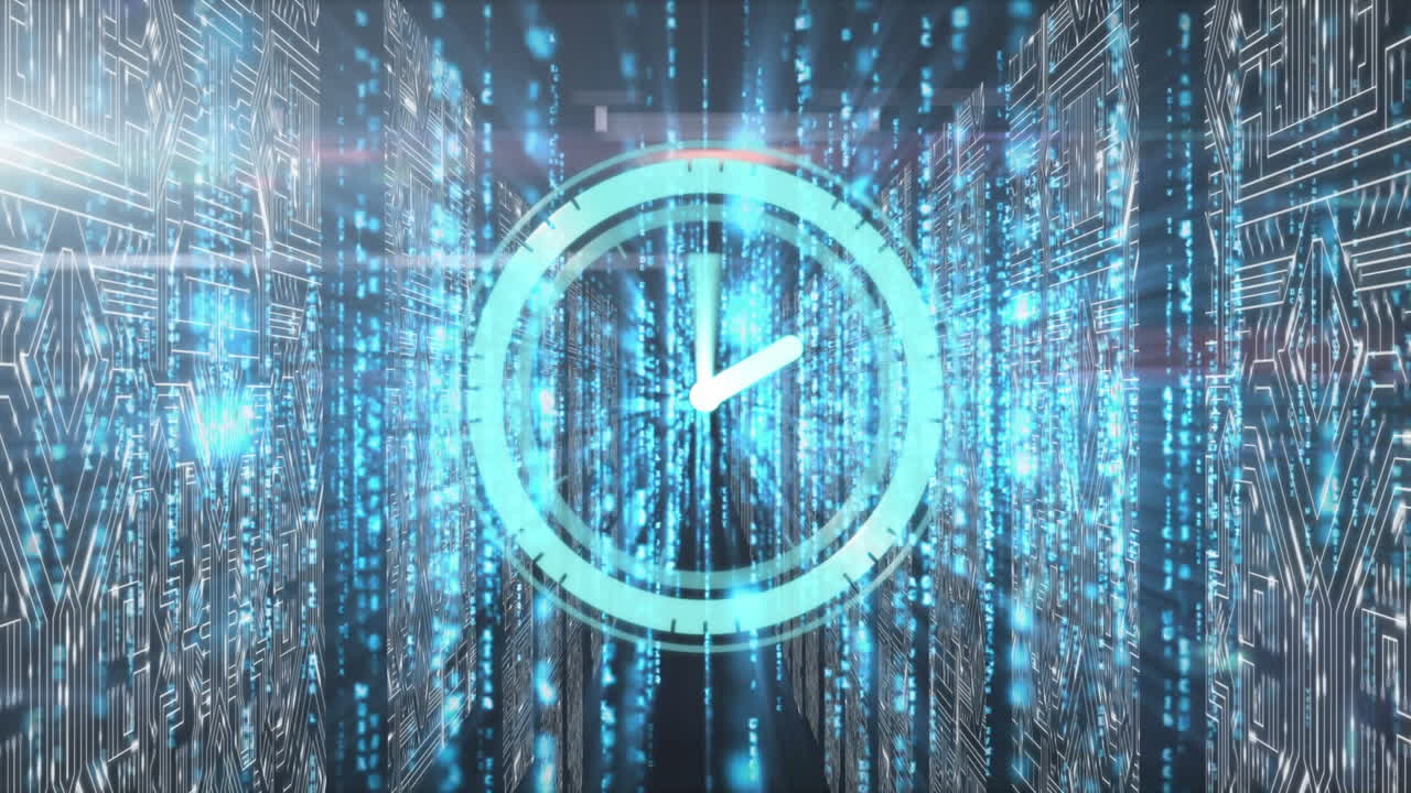Clock ticking with computer circuit over data processing center in background