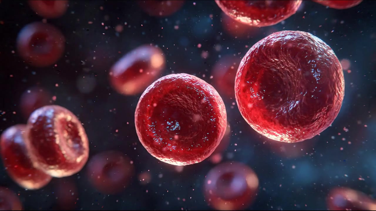 Red blood cells moving through a dark blue bloodstream visualization in detailed footage