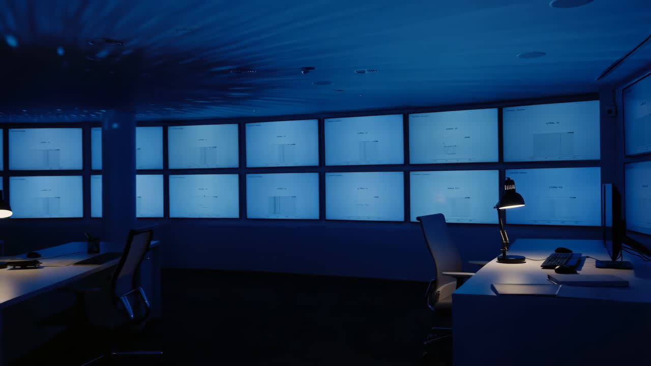 Empty Control Room with Multiple Monitors and Blue Lighting