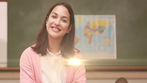 animation of light spots over happy caucasian female teacher in classroom