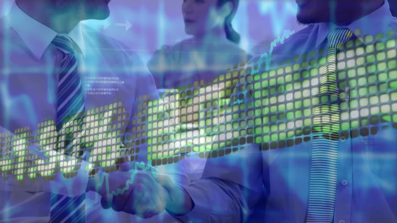 두 명의 다양한 사업가들이 사무실에서 손을 흔들고 있는 것에 대한 주식 시장 데이터 처리