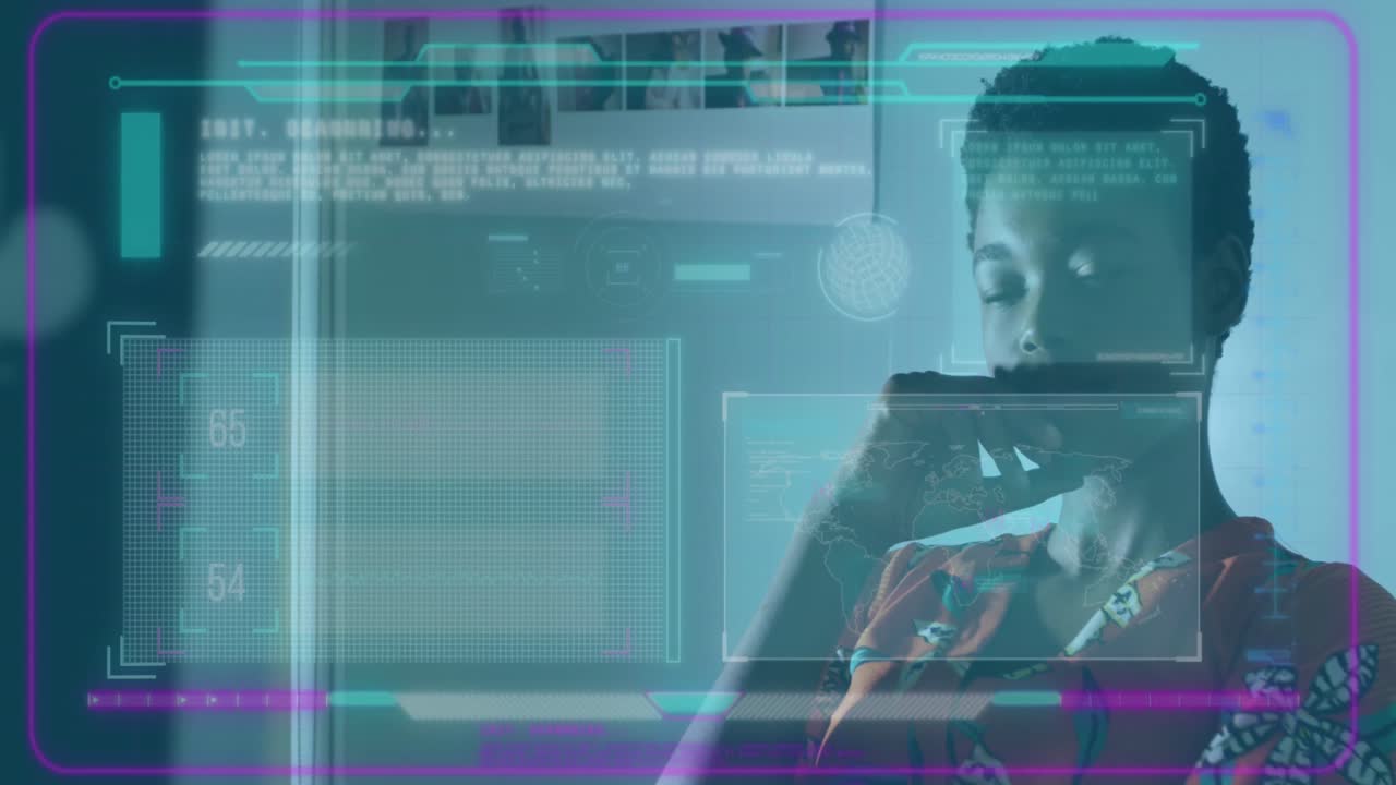 animación del procesamiento de datos sobre una mujer de negocios afroamericana en la oficina