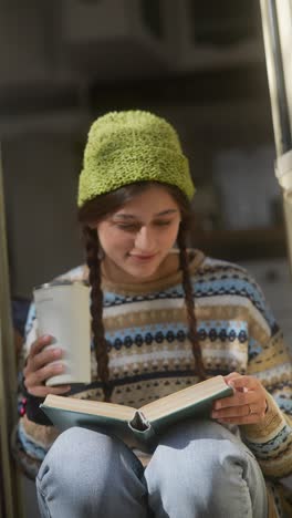 woman reading in a campervan