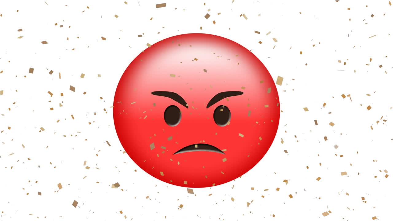 Digital animation of golden confetti falling over red angry face emoji on white background