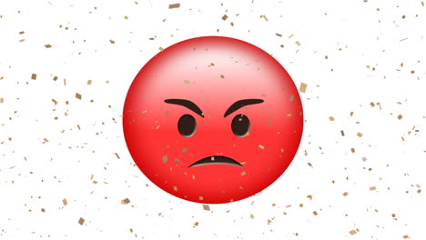 digital animation of golden confetti falling over red angry face emoji on white background