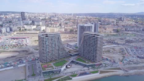 orbiting establishing aerial shot of belgrade waterfront on sava river