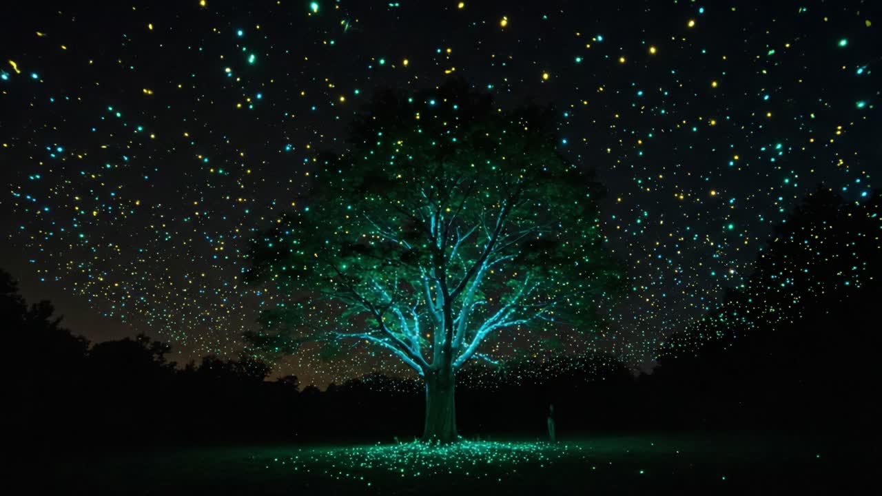 A Majestic Tree Illuminated by Glittering Stars in a Starry Night Sky, Capturing the Beauty of Nature and Light in a Serene and Enchanting Scene