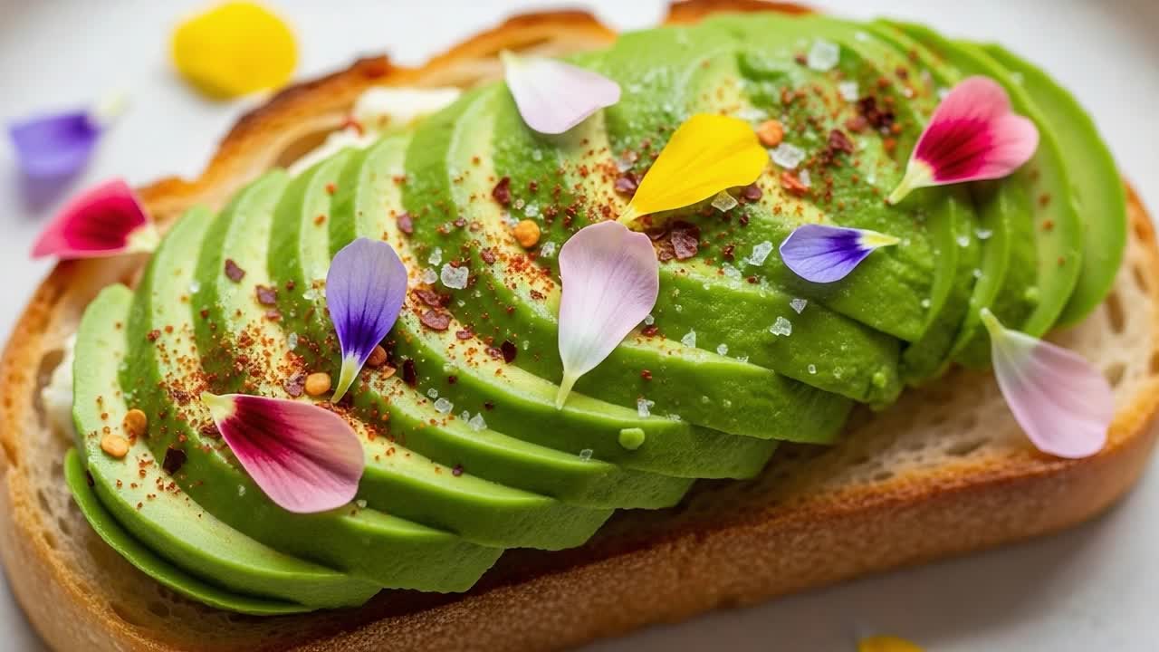 A Vibrant Avocado Toast Garnished with Colorful Edible Flowers, Perfectly Sliced and Artistically Arranged on Crispy Bread, Ideal for a Fresh and Healthy Meal