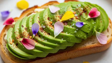 a vibrant avocado toast garnished with colorful edible flowers, perfectly sliced and artistically arranged on crispy bread, ideal for a fresh and healthy meal