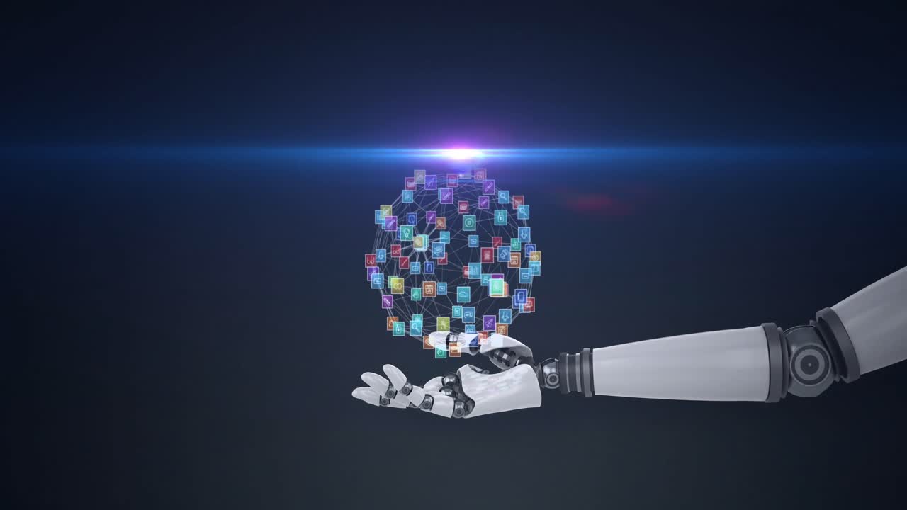 animación de una red de iconos de medios sobre la mano del brazo del robot, con luz en movimiento sobre un fondo oscuro