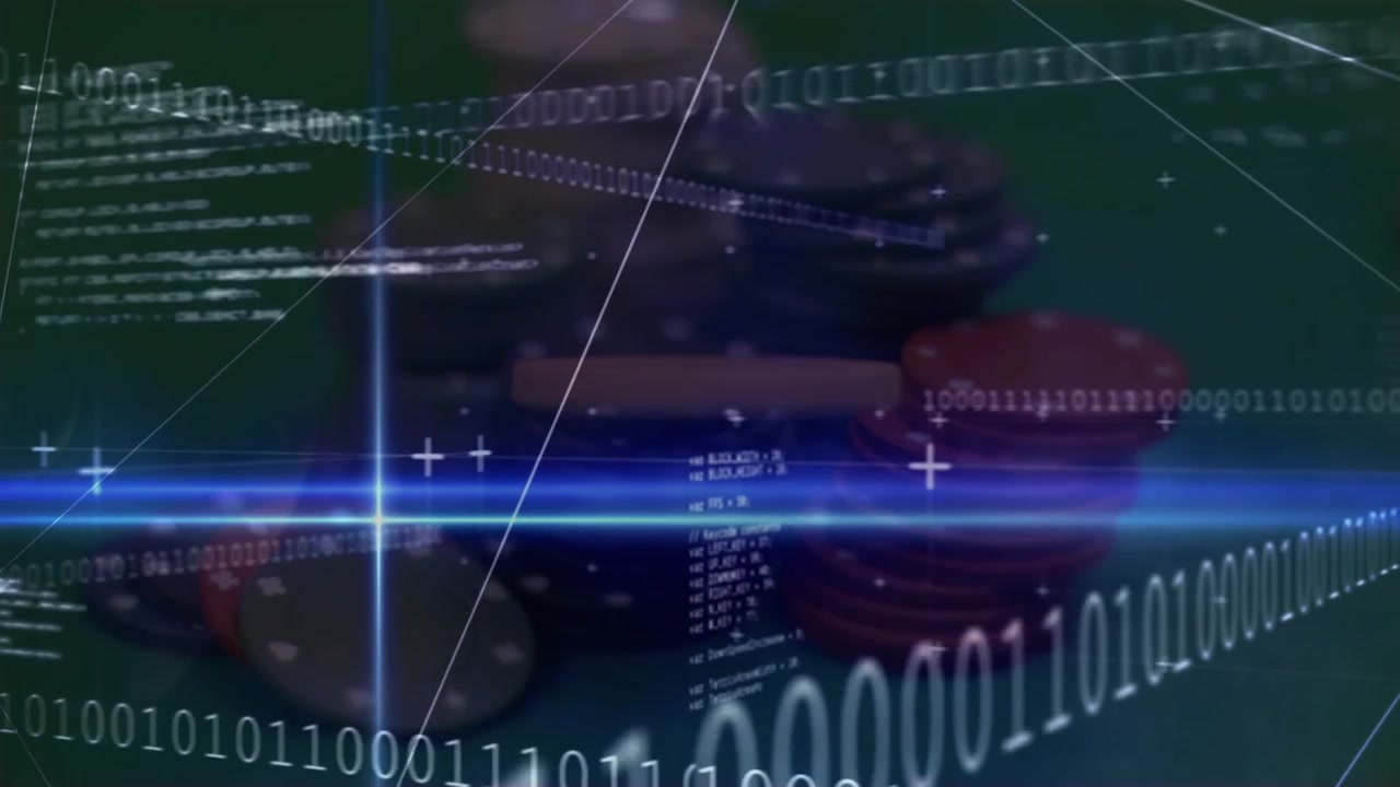 Animation of data processing and binary coding over casino chips