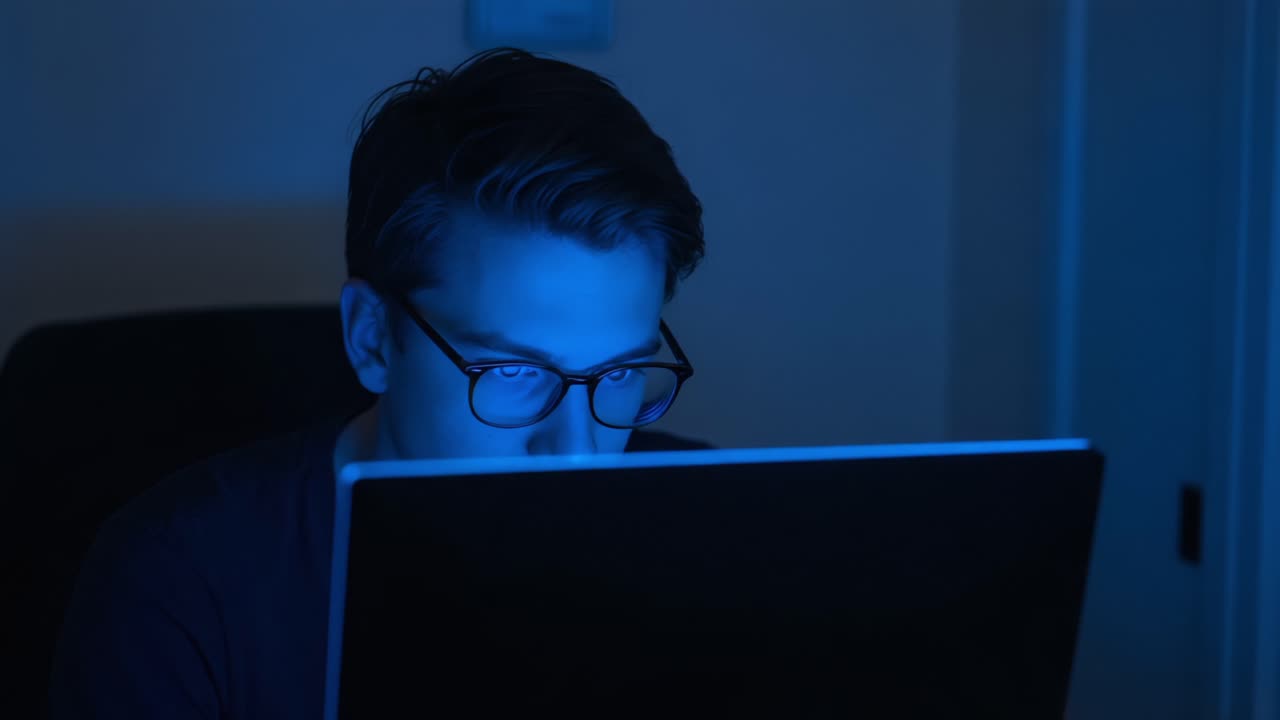 Intense Focus on the Screen: A Close-Up View of a Young Man Operating a Laptop in Low Light, Illuminated by a Blue Glow from the Display