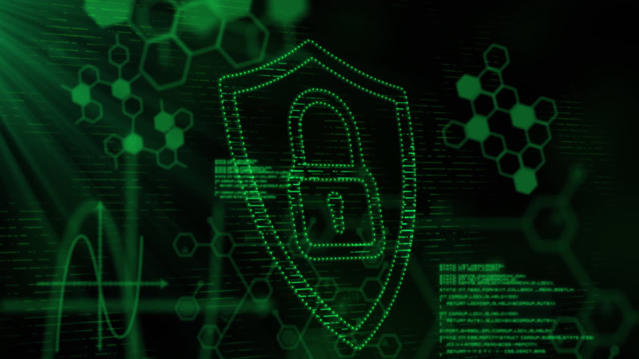 animazione del simbolo del lucchetto a puntino verde, con elaborazione delle informazioni e dei dati su nero