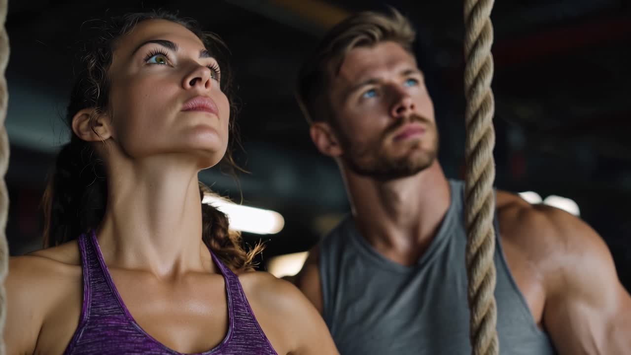 Atleti concentrati si allenano insieme, impegnati nella preparazione fisica con le corde in un ambiente di palestra, pronti a superare i propri limiti e raggiungere nuovi obiettivi.