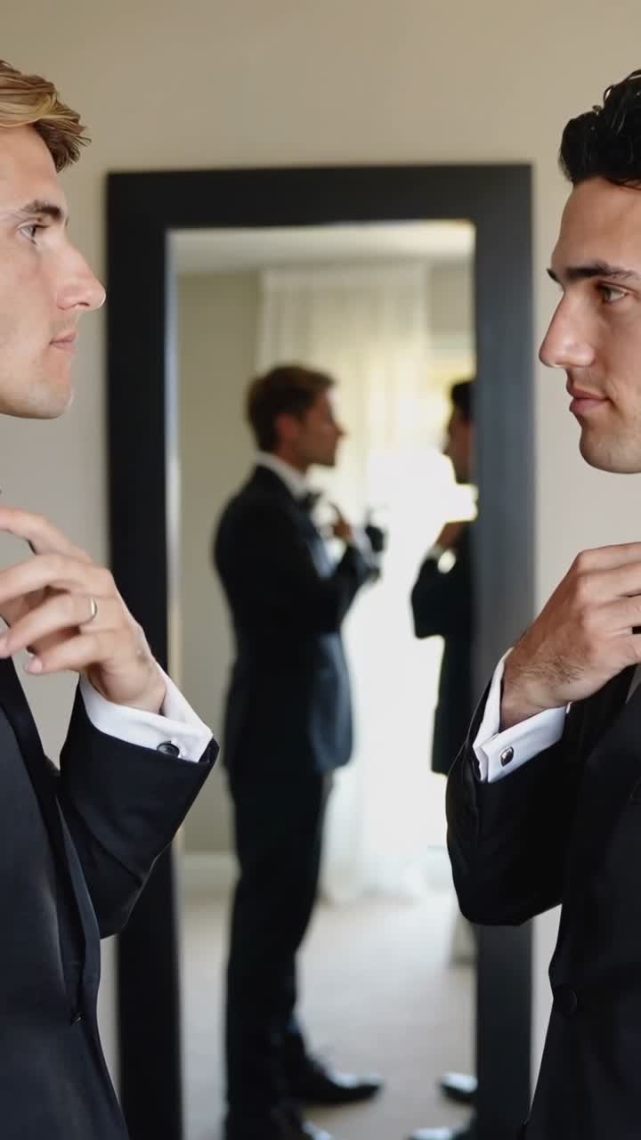 Video verticale: 2 uomini in smoking che si preparano, sistemando le cravatte e lisciando le giacche davanti a uno specchio che mostra la sposa.
