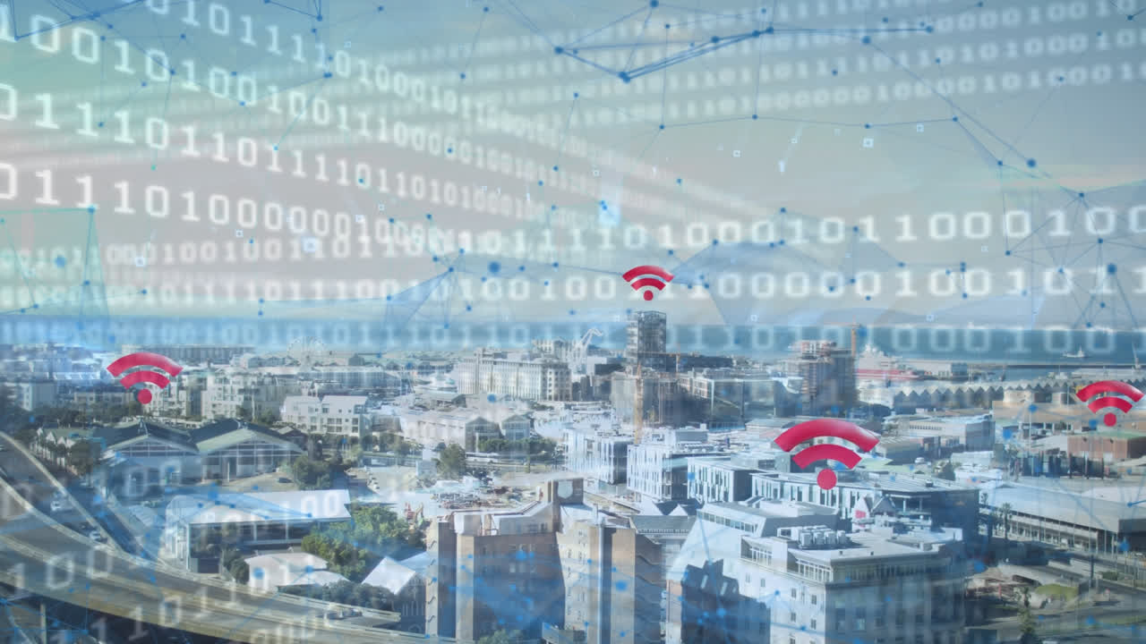 animación de datos e información con iconos de red sobre un paisaje urbano