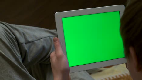 persona que sostiene una tableta con una pantalla verde