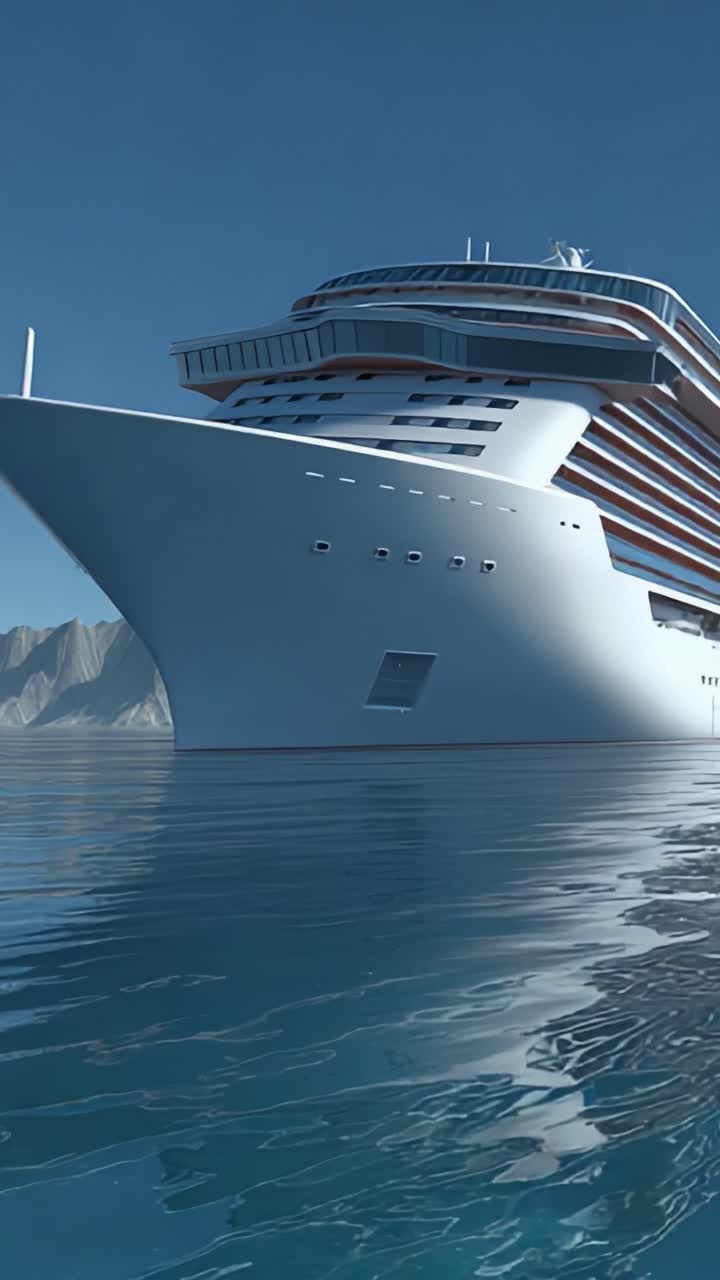 Un impresionante crucero deslizándose majestuosamente por aguas cristalinas, rodeado de serenas montañas bajo un cielo azul despejado, que representa el lujo y la aventura en alta mar