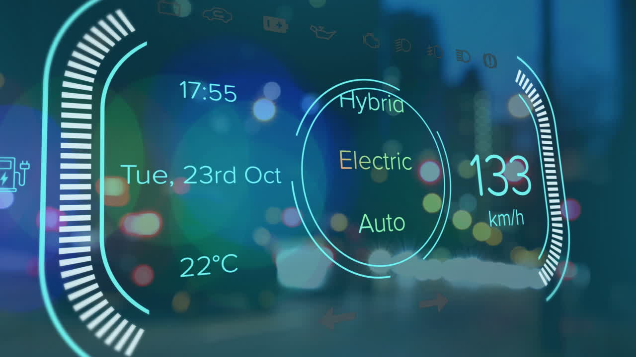 도시를 가로지르는 전기 자동차 속도계 데이터 처리 애니메이션