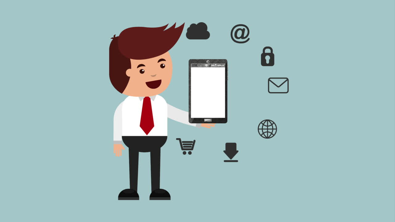 태블릿과 커뮤니케이션 아이콘을 가진 사업가