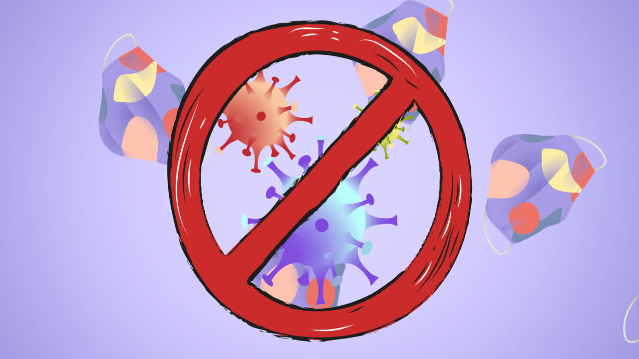 Animation of no entry sign over covid 19 cells and face masks on purple background