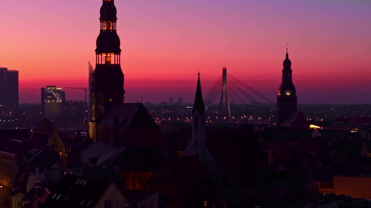 Riga’s skyline glows at sunset, Vanšu Bridge, St. Peter’s Church, and the Dome