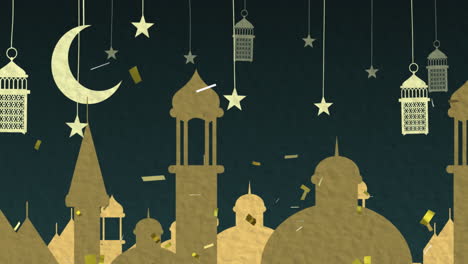 animation of golden arabic style rooftops, moon, lamps and stars with falling confetti on black