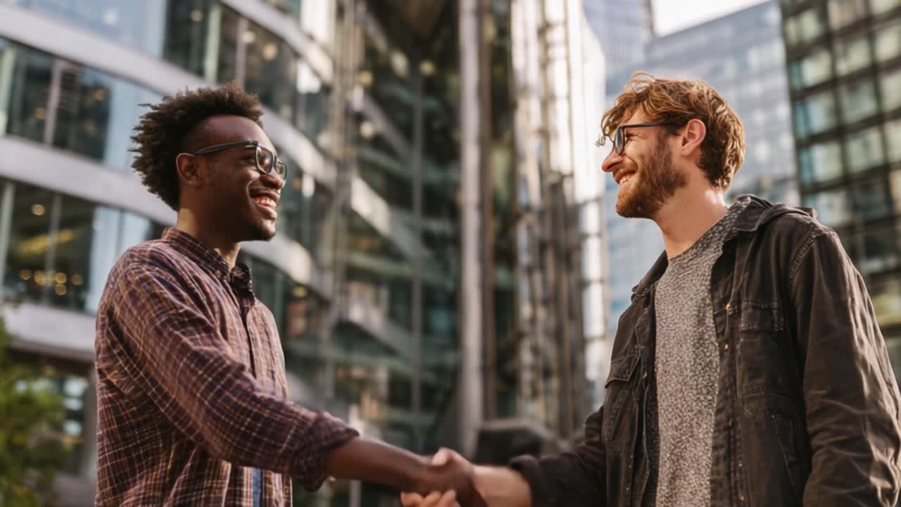 A Positive Encounter: Two Friends Engaging in a Delightful Handshake Outside Modern Urban Architecture Reflecting Friendship, Connection, and Collaboration