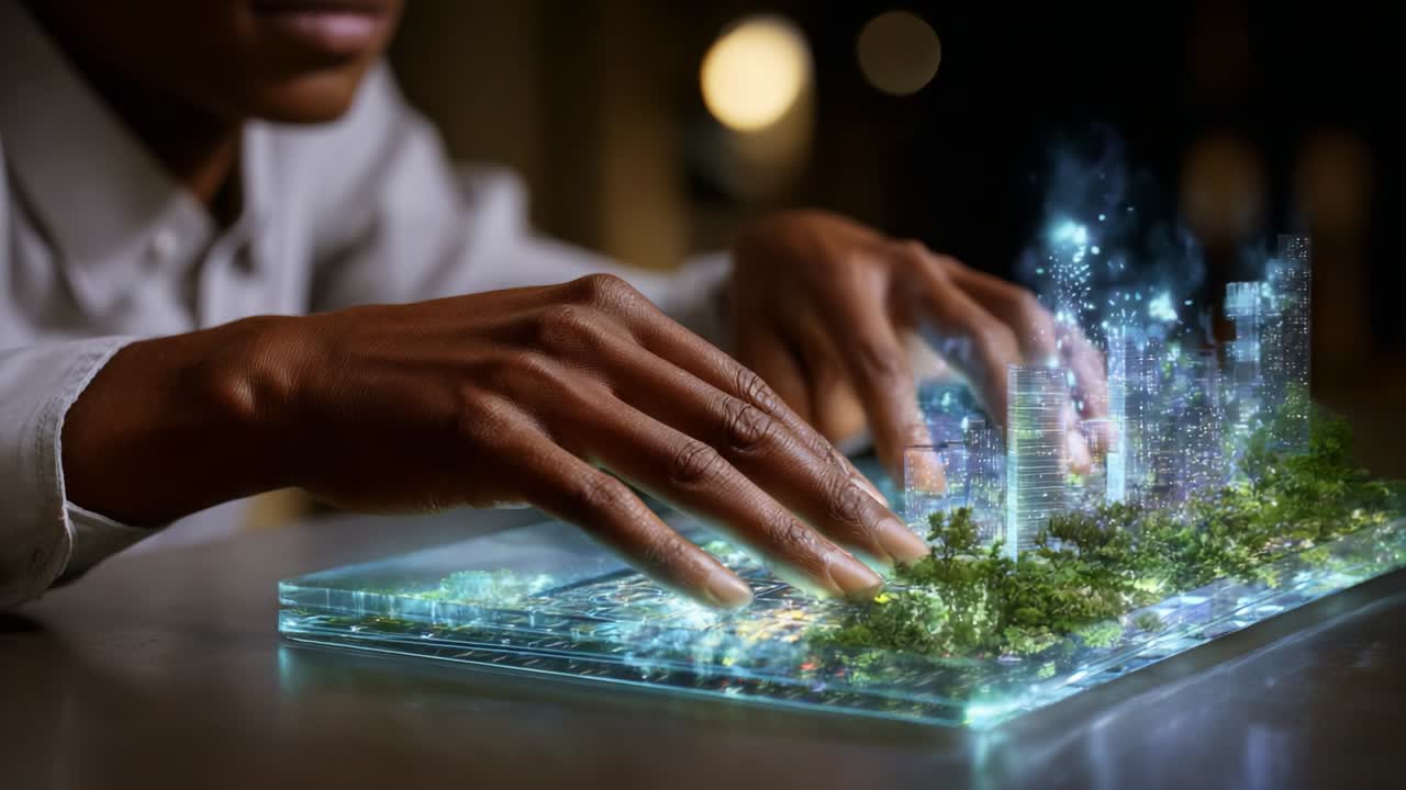 A visionary interaction with a holographic interface showcasing an eco-friendly city model. The person manipulates a glowing urban landscape, merging technology with sustainability for futuristic development