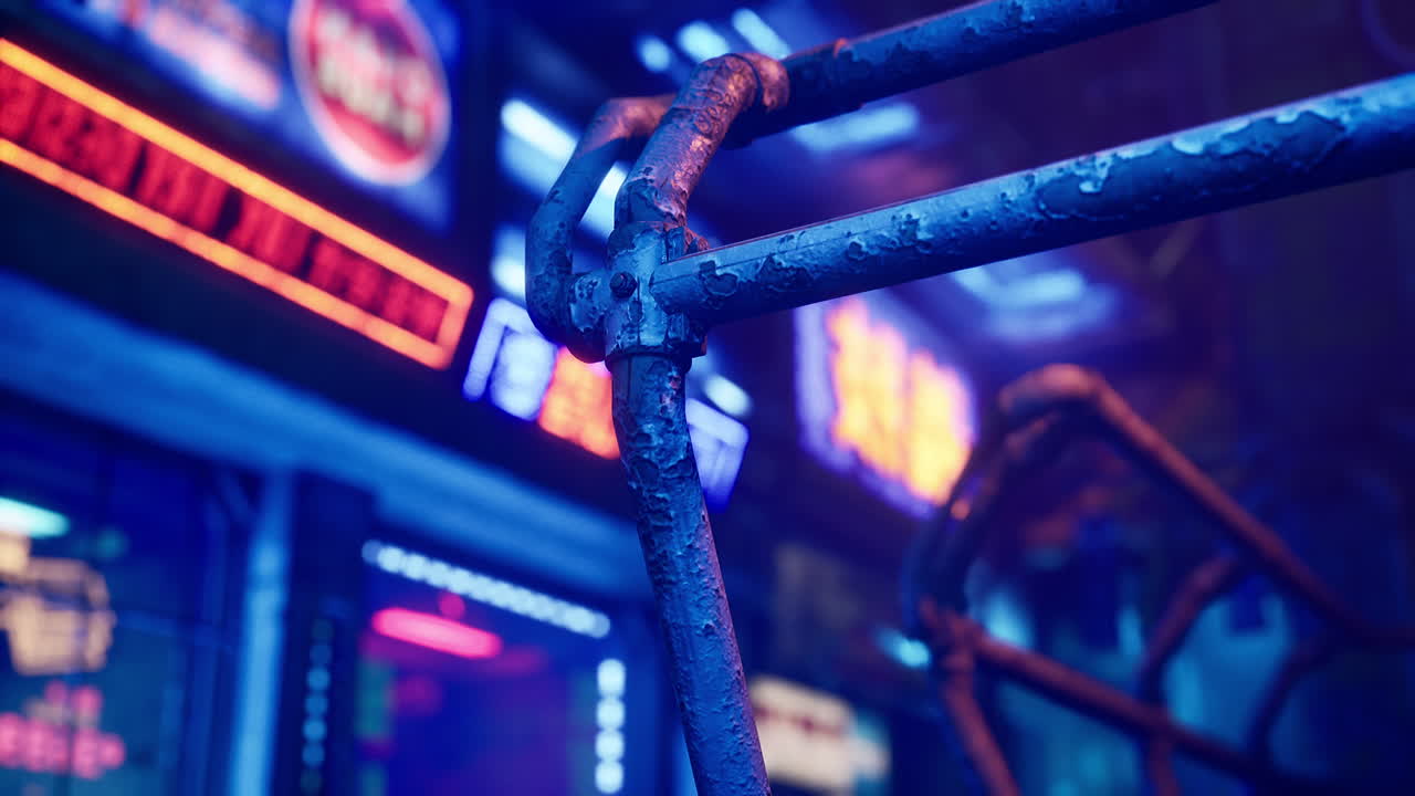 Neon Lights And Rusted Metal In A Cyberpunk City Premium Stock Video Footage